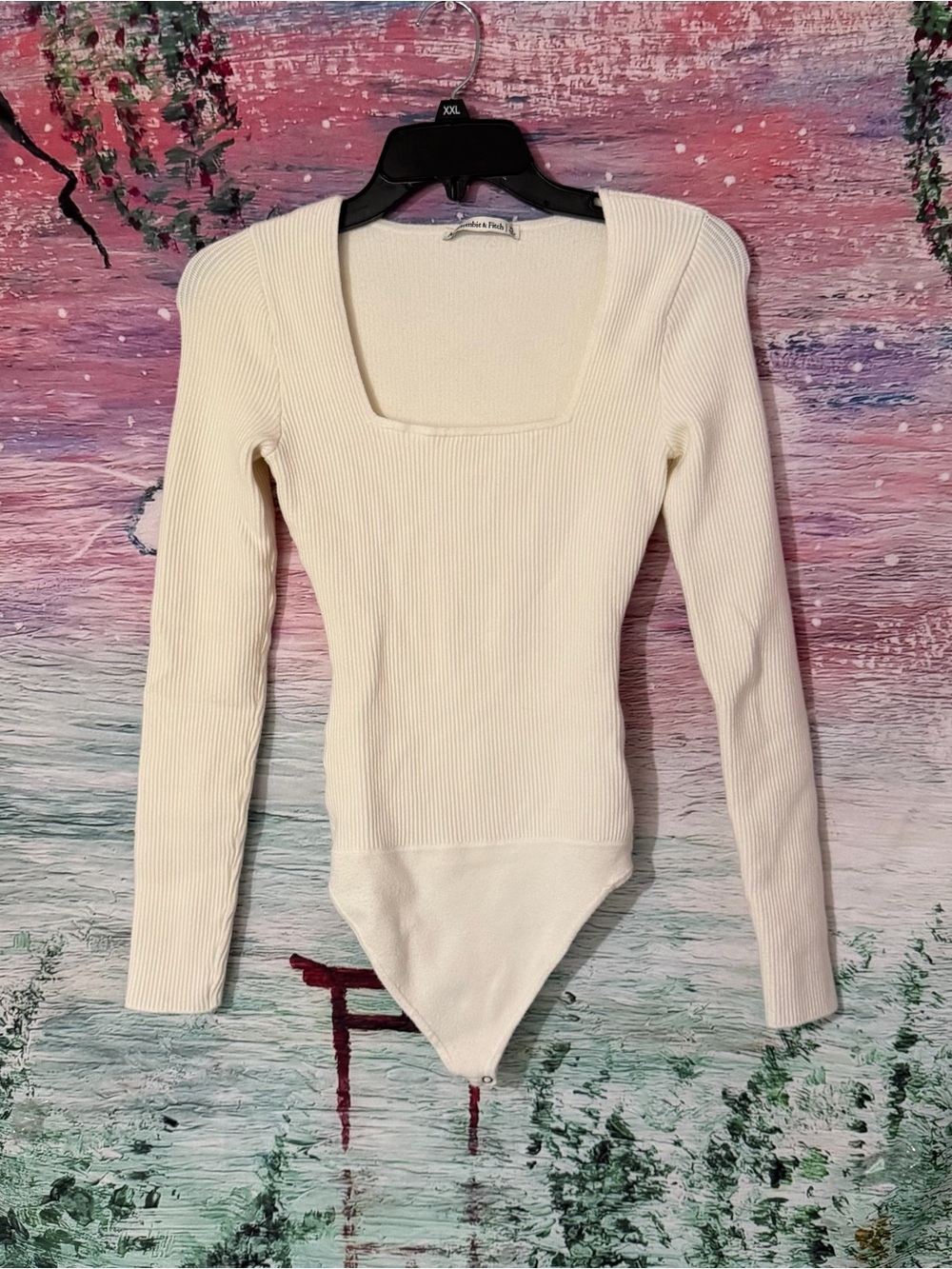 Abercrombie & Fitch Square Neck Ribbed Long Sleeve Bodysuit - Cream